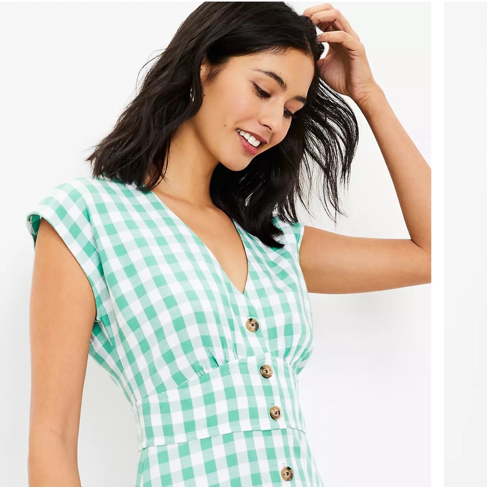 LOFT Green and White Gingham Mini Dress